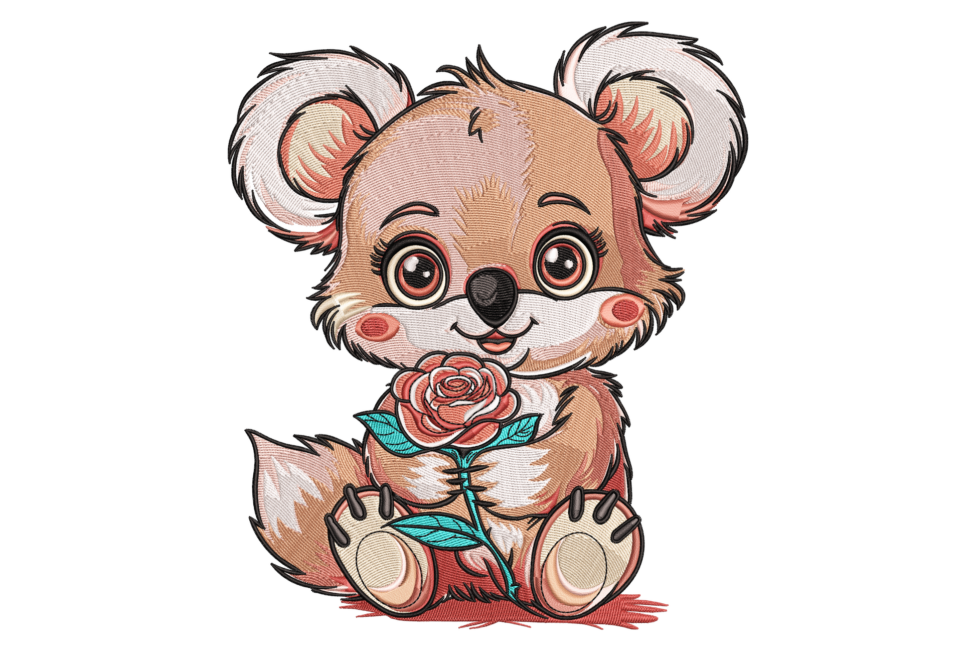 Kawaii baby fox embroidery design seated and holding a red rose with teal stem, caramel brown fur, cream belly and big round eyes.