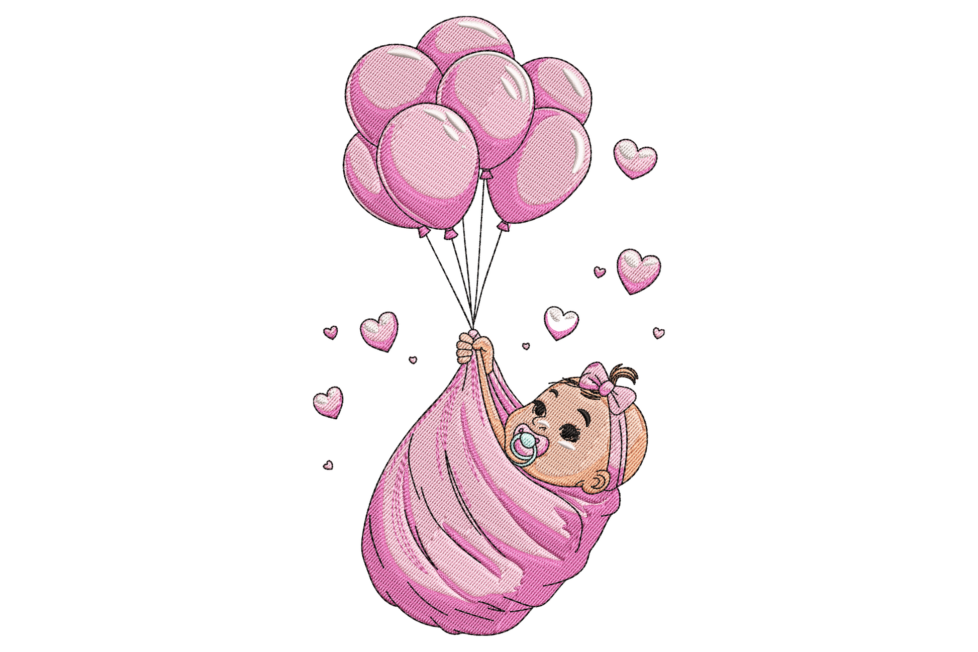 Baby girl with balloons embroidery design, swaddled newborn with pink balloons and heart strings, bow and pacifier, coral and blush palette.