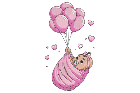 Baby girl with balloons embroidery design, swaddled newborn with pink balloons and heart strings, bow and pacifier, coral and blush palette.