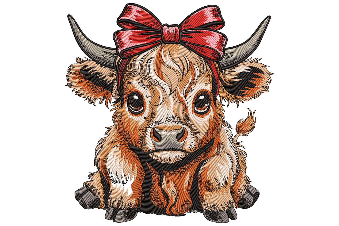 Baby highland cow embroidery with shaggy layered fur, oversized dark eyes, small horns and a large red bow in warm tan and red tones.
