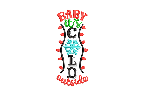 Baby Its Cold Outside vertical stacked text embroidery design with red letters, teal snowflake, ornament lights and black frame, Christmas machine embroidery