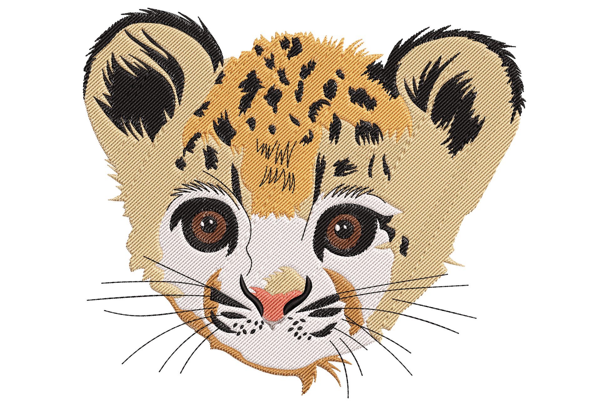 Baby leopard face embroidery design, front-facing cub with big brown eyes, soft tan fur, pink nose and black rosette spots.