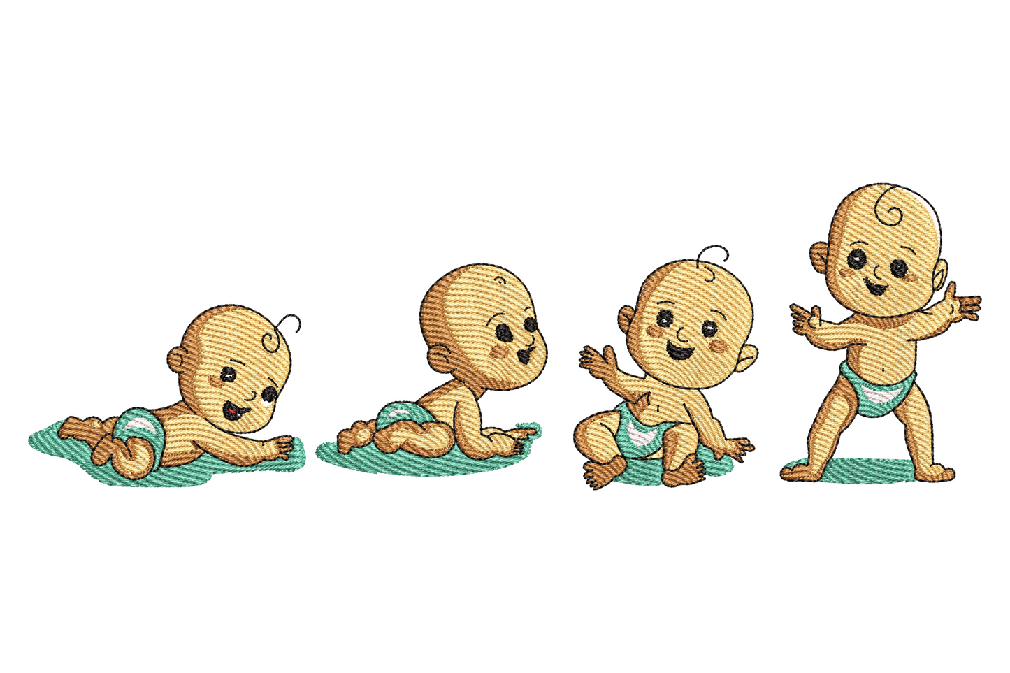 Baby milestone embroidery design, four cartoon babies crawl-sit-stand sequence, horizontal strip, 6 colors, 5 sizes up to 7.5 inches wide.