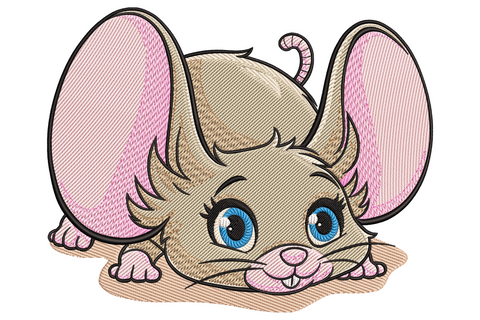 Baby mouse big ears machine embroidery design, 9 colours, dove grey body with dusty pink ears, on blush onesie, 9 sizes.