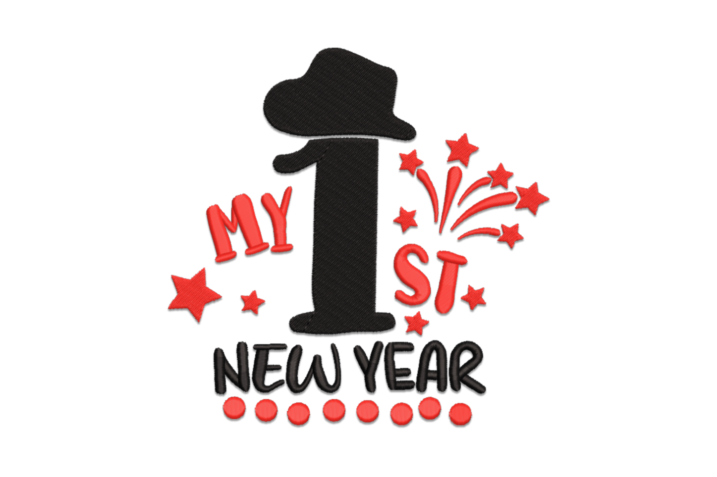 Baby new year fireworks embroidery design, chubby cartoon baby with gold and blue fireworks bursting around them.