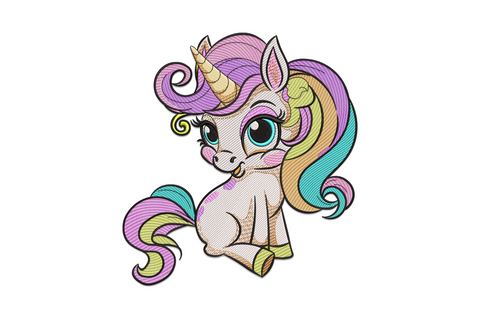 Baby unicorn embroidery design with rainbow mane, gold horn, and pudgy seated pose in ten pastel colours on white background