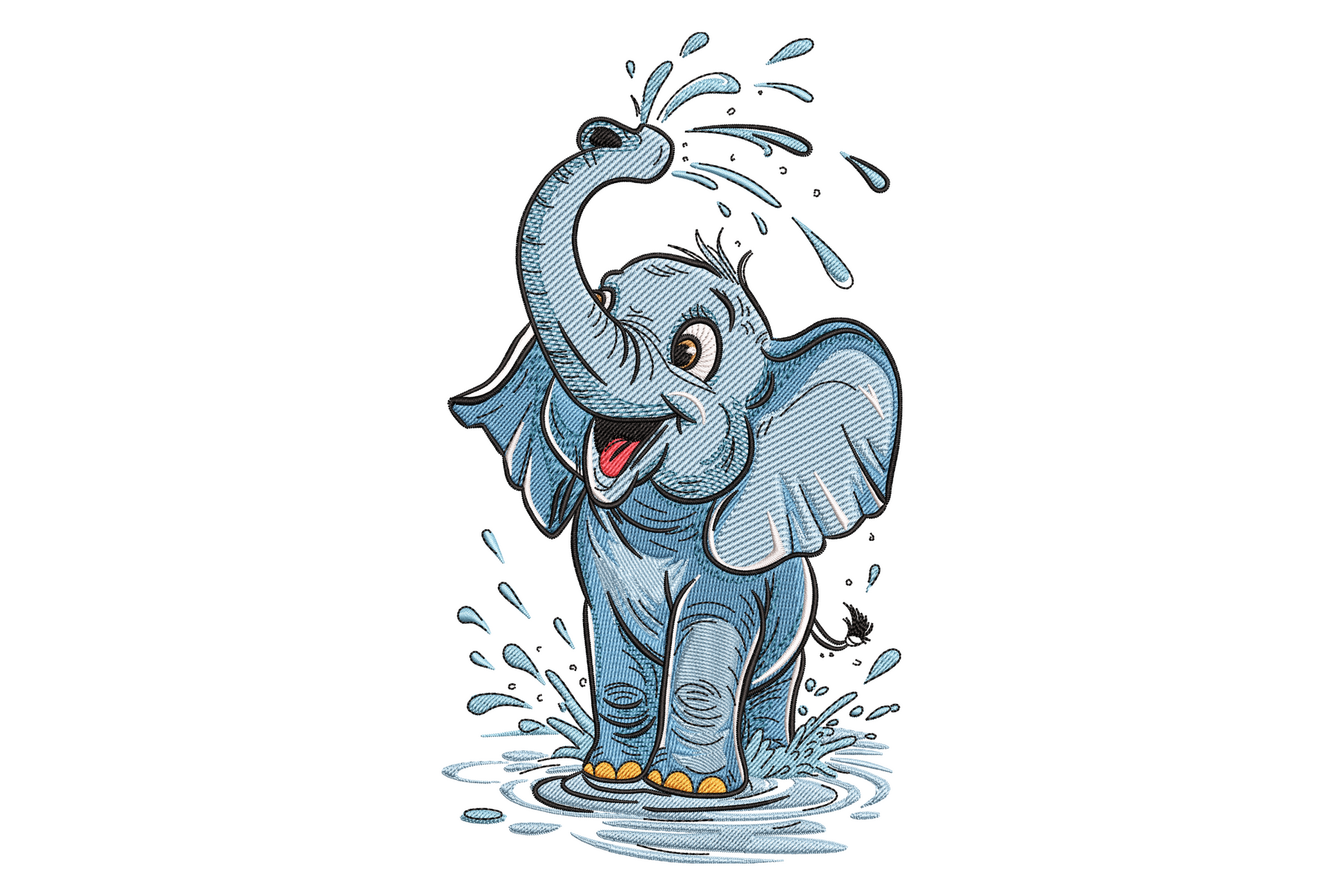 Baby elephant splashing water embroidery, cartoon calf trunk up, dusty blue body with mustard gold feet in a puddle.