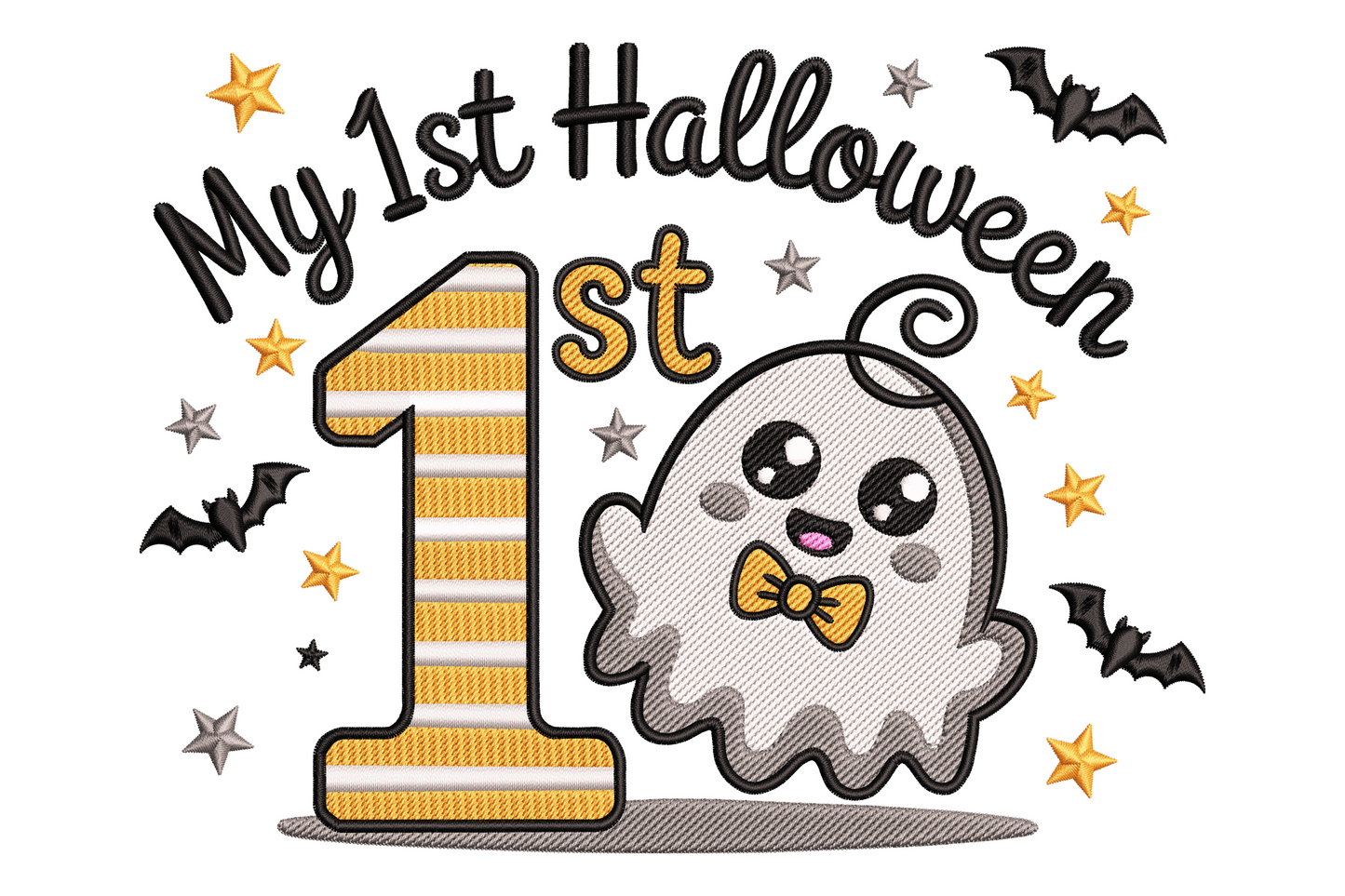 Baby's first halloween machine embroidery design with pumpkin ghost and star accents, soft orange black and white palette, flat cartoon lettering style.