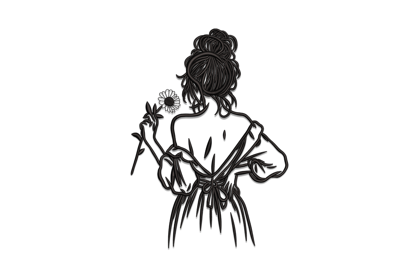 Back view girl with flower embroidery design, woman in flared dress holding daisy seen from behind in black line art style