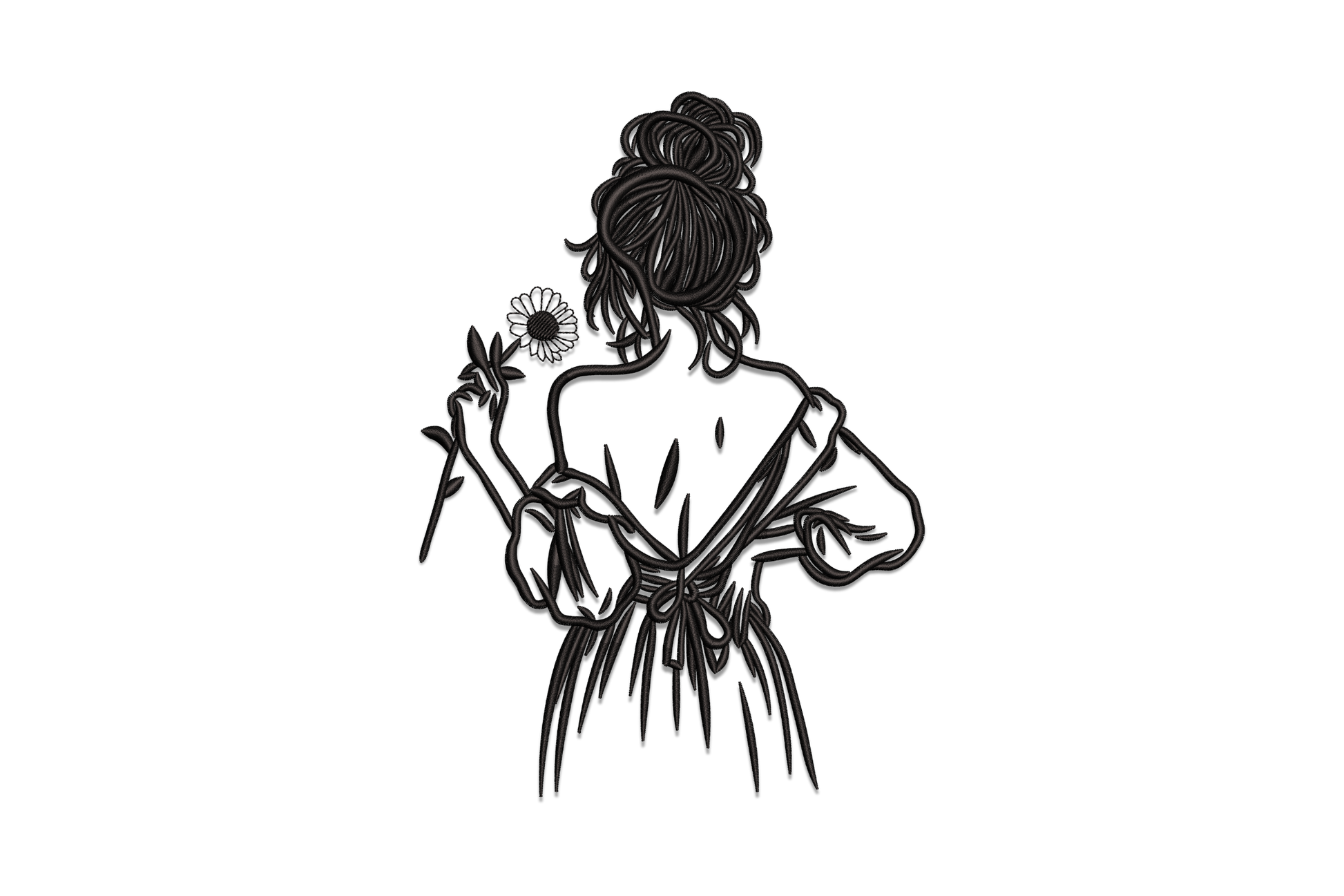 Back view girl with flower embroidery design, woman in flared dress holding daisy seen from behind in black line art style