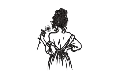 Back view girl with flower embroidery design, woman in flared dress holding daisy seen from behind in black line art style