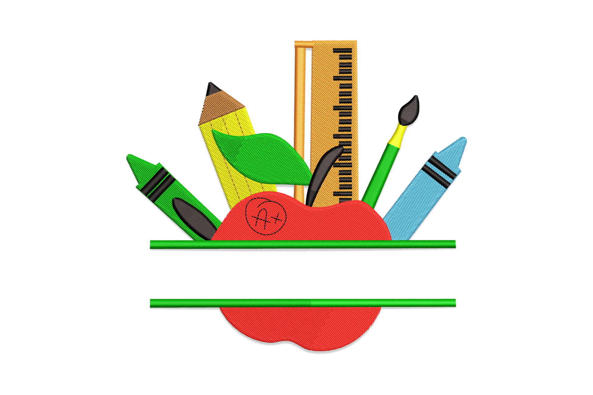 Back to school apple embroidery design, bright red apple with leaf stem highlight and school bookworm in 8 colours on white