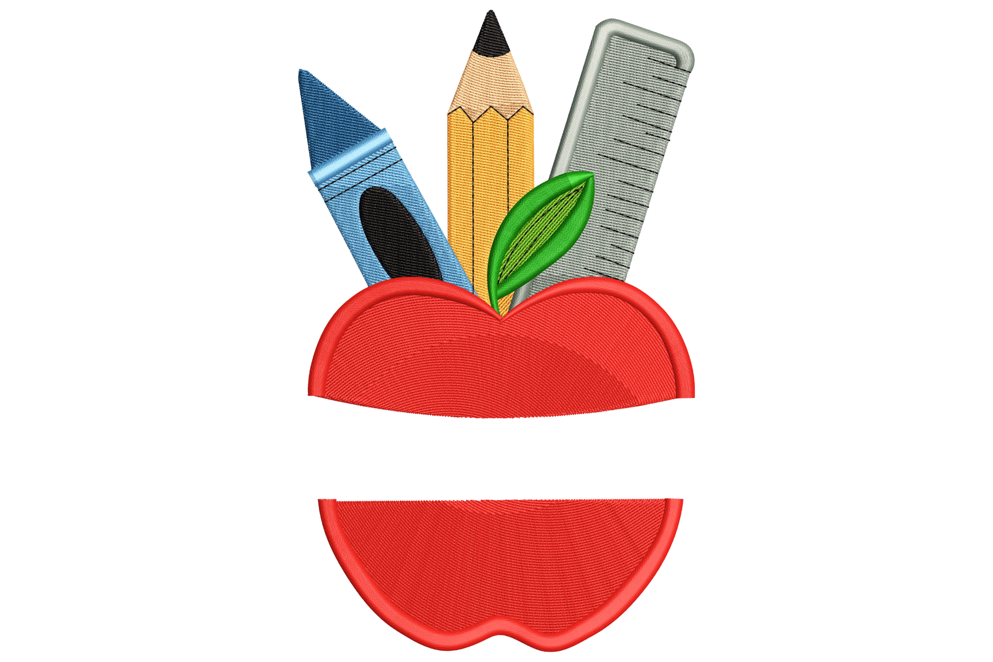 Back to school apple frame embroidery design with red apples, yellow pencils and stacked books around a blank name space.