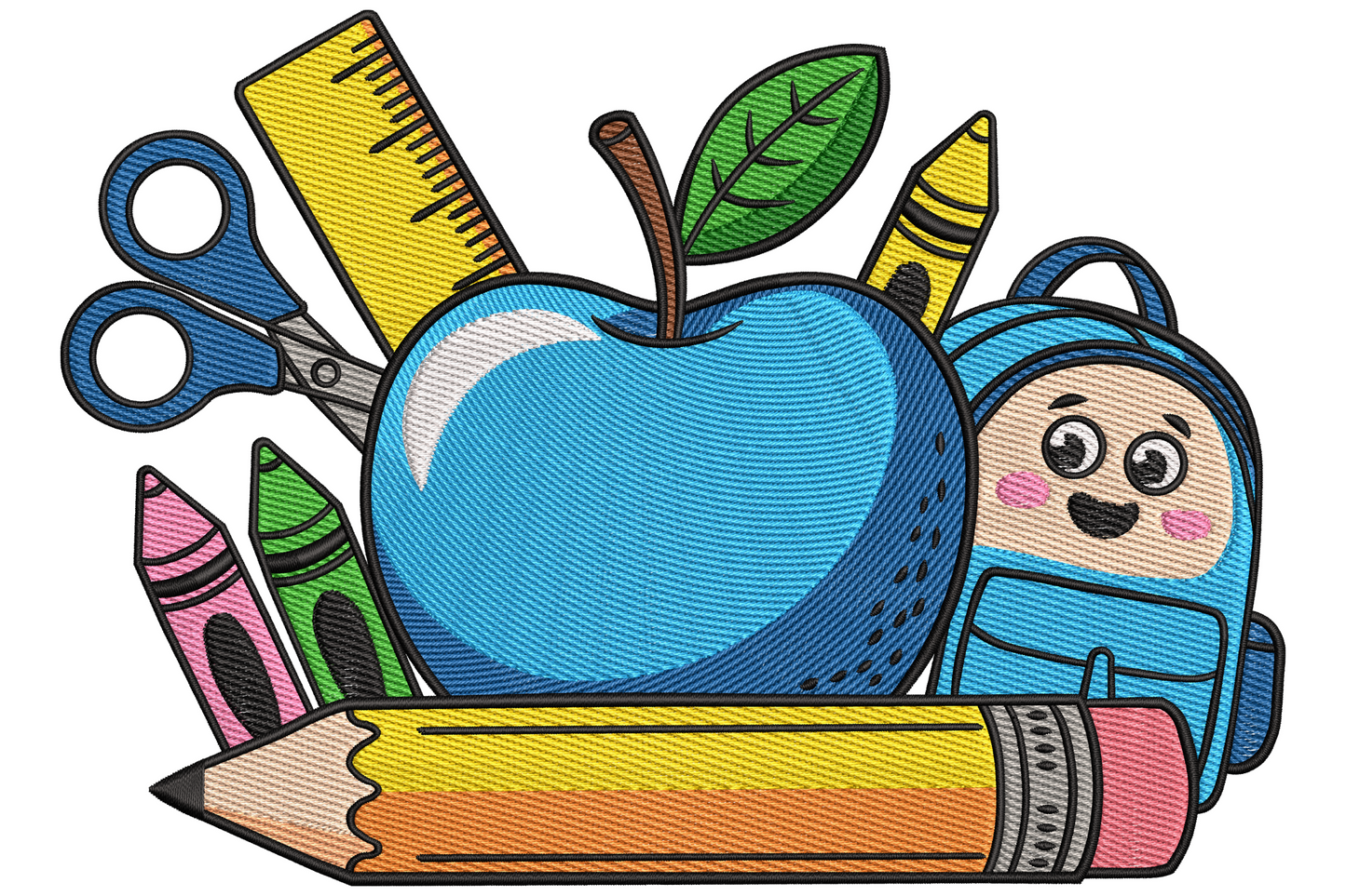 Back to school embroidery design with a glossy blue apple, scissors, ruler, crayons, pencil and a smiley pink backpack.