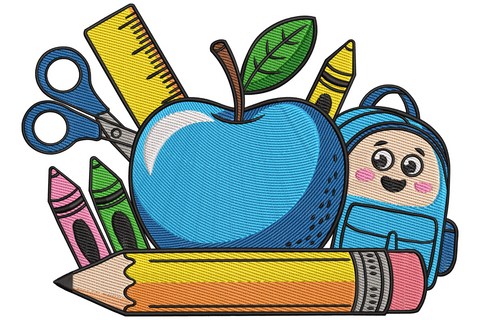 Back to school embroidery design with a glossy blue apple, scissors, ruler, crayons, pencil and a smiley pink backpack.