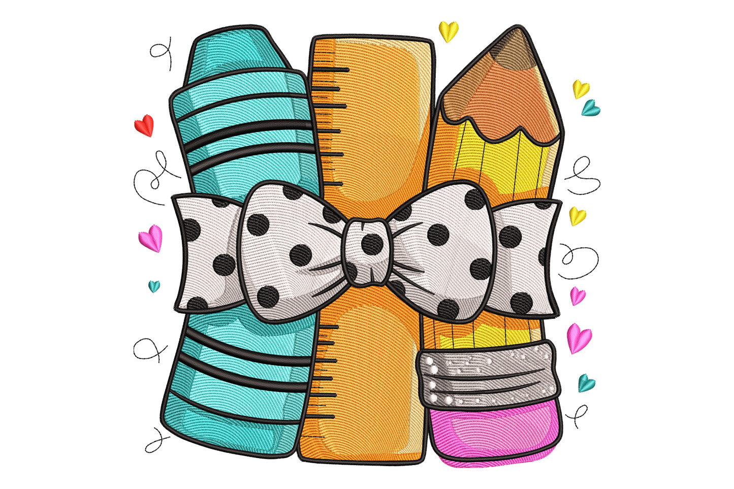 Back to school embroidery with aqua crayon, orange ruler and yellow pencil tied by a grey polka-dot bow.