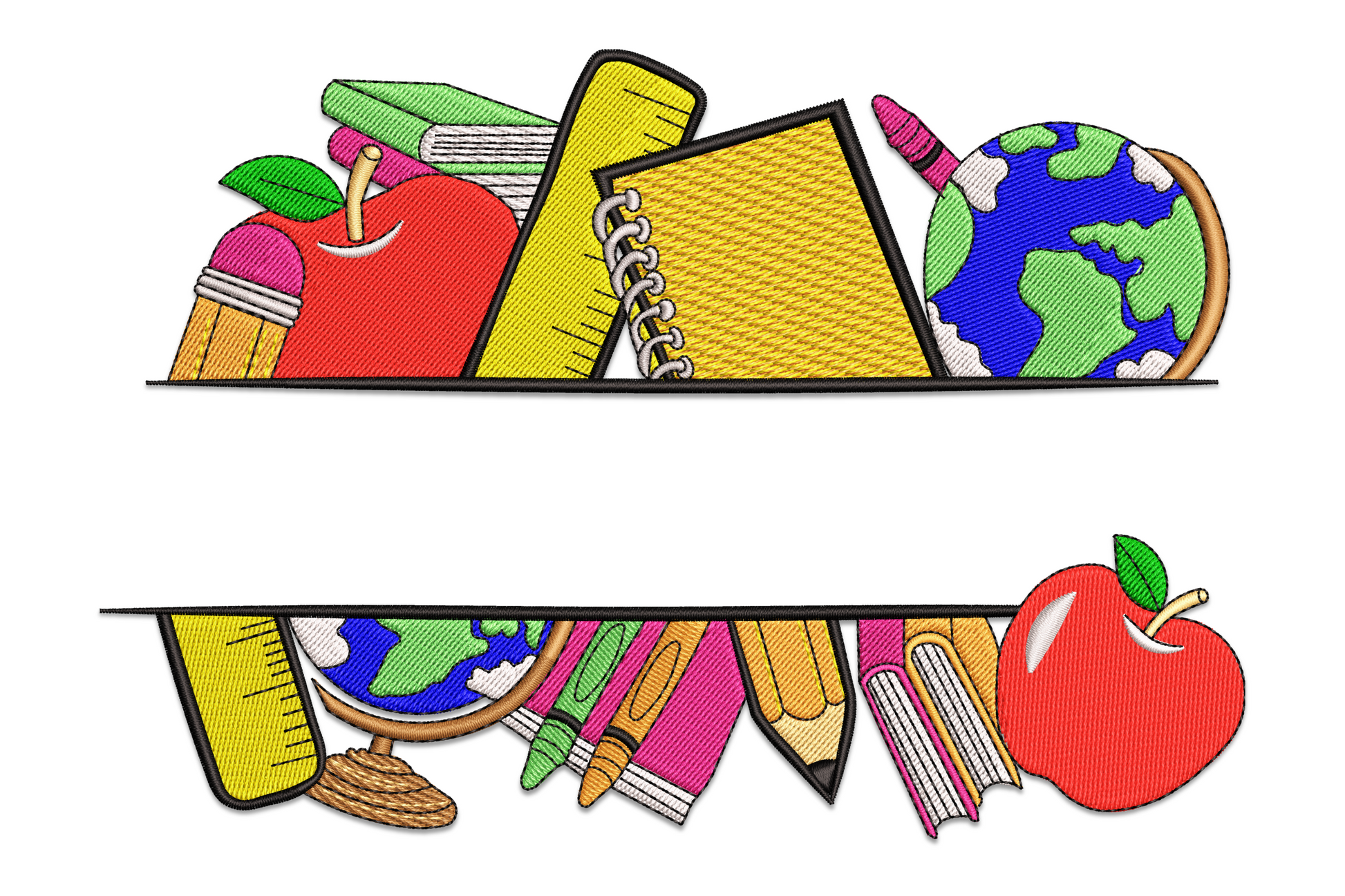 Back to school embroidery design with globe, apple, pencils and ruler, 12 colours, 5 sizes up to 7.5 inches wide.