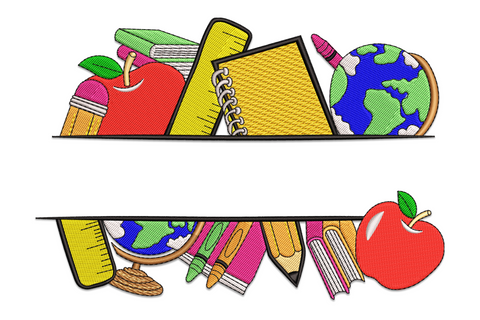 Back to school embroidery design with globe, apple, pencils and ruler, 12 colours, 5 sizes up to 7.5 inches wide.