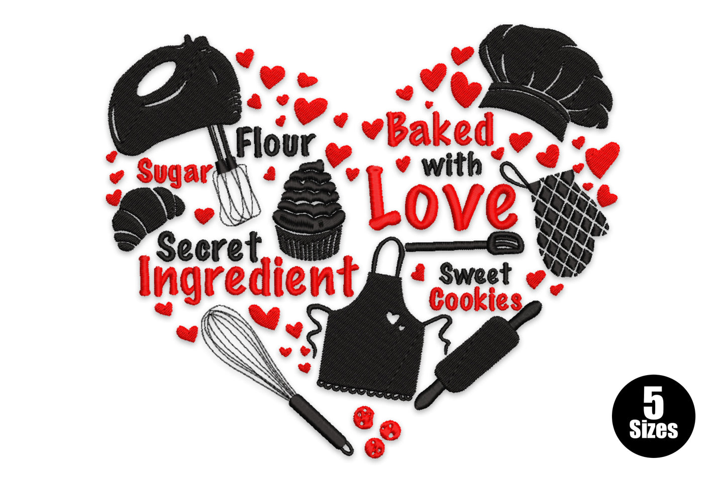 Baked with Love embroidery design, mixed lettering with baking accent, 2 colours, 5 sizes from 4 to 7.6 inches wide.