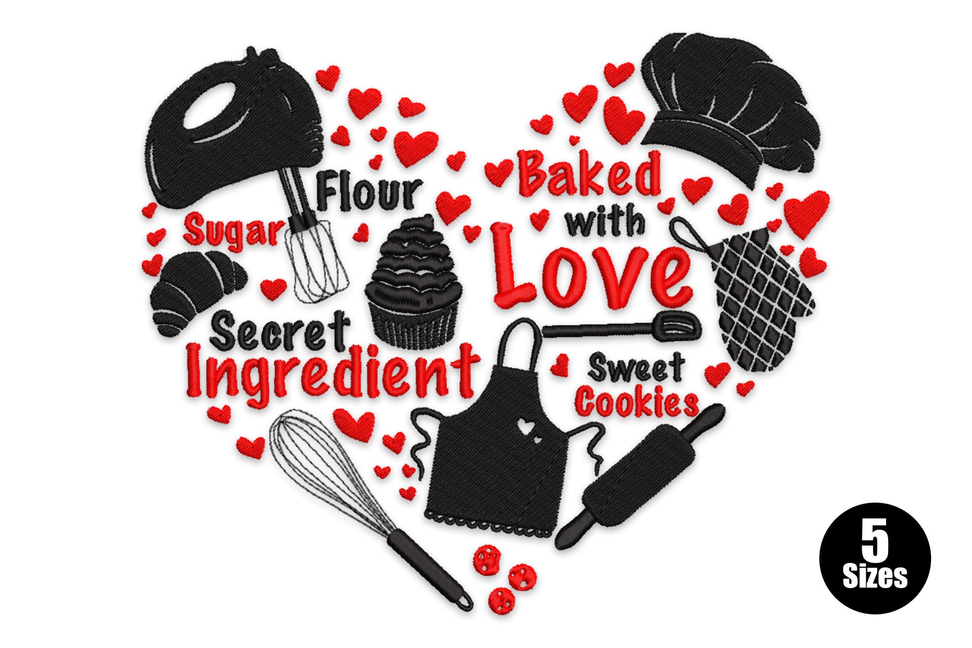 Baked with Love embroidery design, mixed lettering with baking accent, 2 colours, 5 sizes from 4 to 7.6 inches wide.