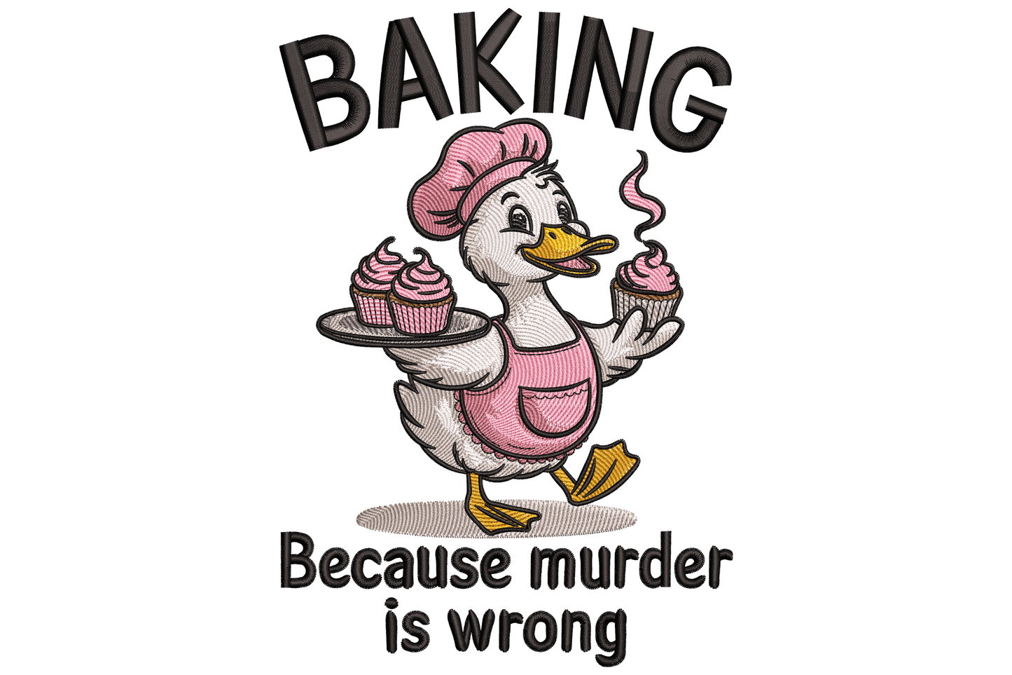 Cartoon baking duck in pink chef hat holding cupcakes with funny kitchen quote embroidery design