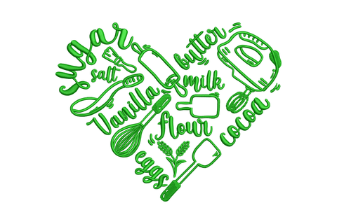 Baking ingredients heart embroidery in bright green thread, heart shape packed with flowing script ingredient words including sugar butter flour vanilla eggs and cocoa, colourful kitchen word art design