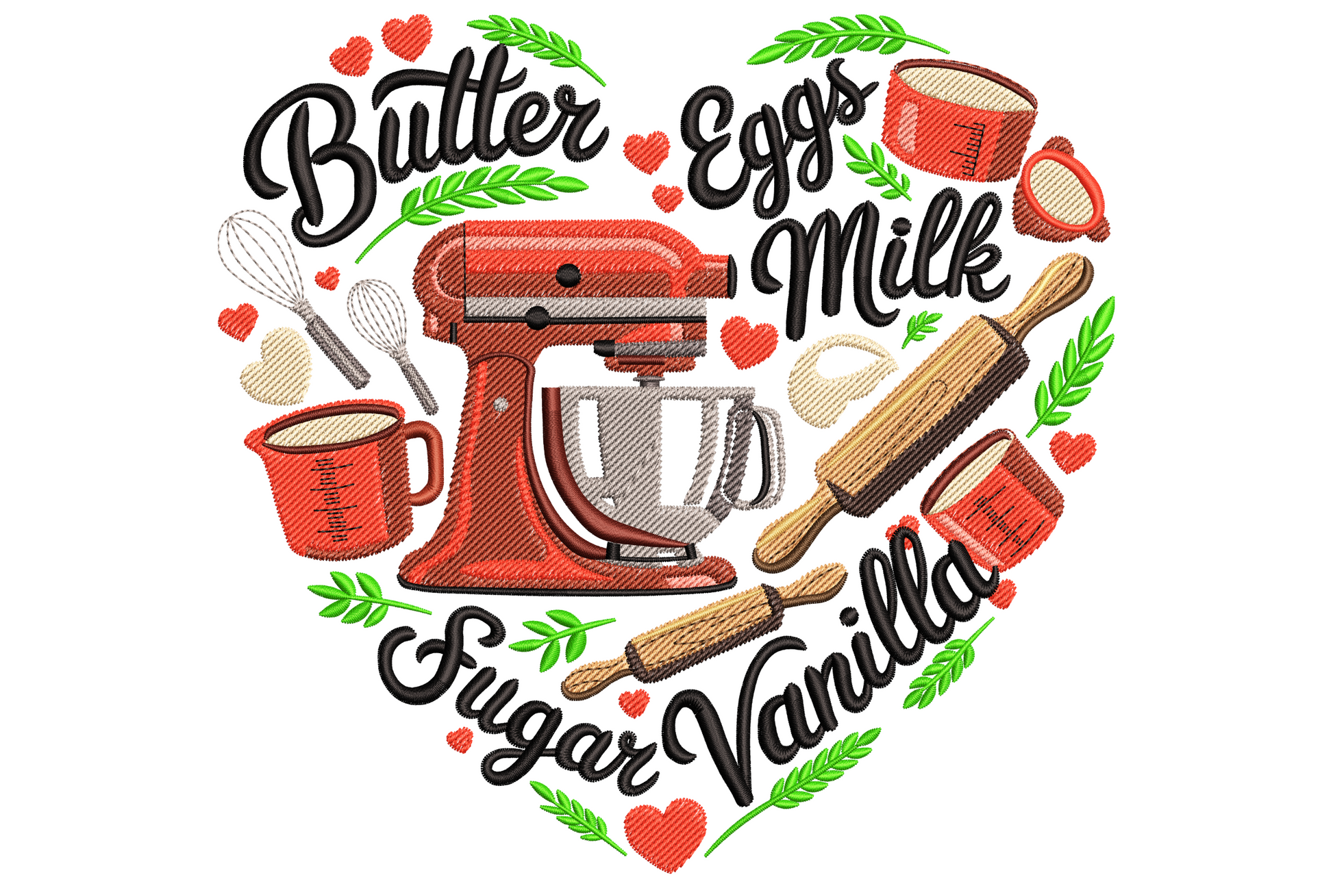 Baking ingredients heart embroidery with red stand mixer at centre, surrounded by black script reading butter eggs milk sugar vanilla.