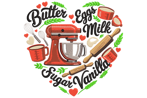 Baking ingredients heart embroidery with red stand mixer at centre, surrounded by black script reading butter eggs milk sugar vanilla.