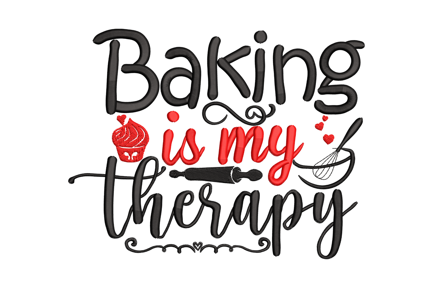 Baking is my therapy script embroidery with red cupcake on left, rolling pin and whisk on right, three-line mixed typography.
