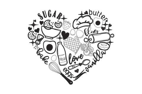 Baking love heart embroidery design filled with hand-lettered ingredient words including sugar, butter, flour, vanilla and baking tool illustrations in single black thread