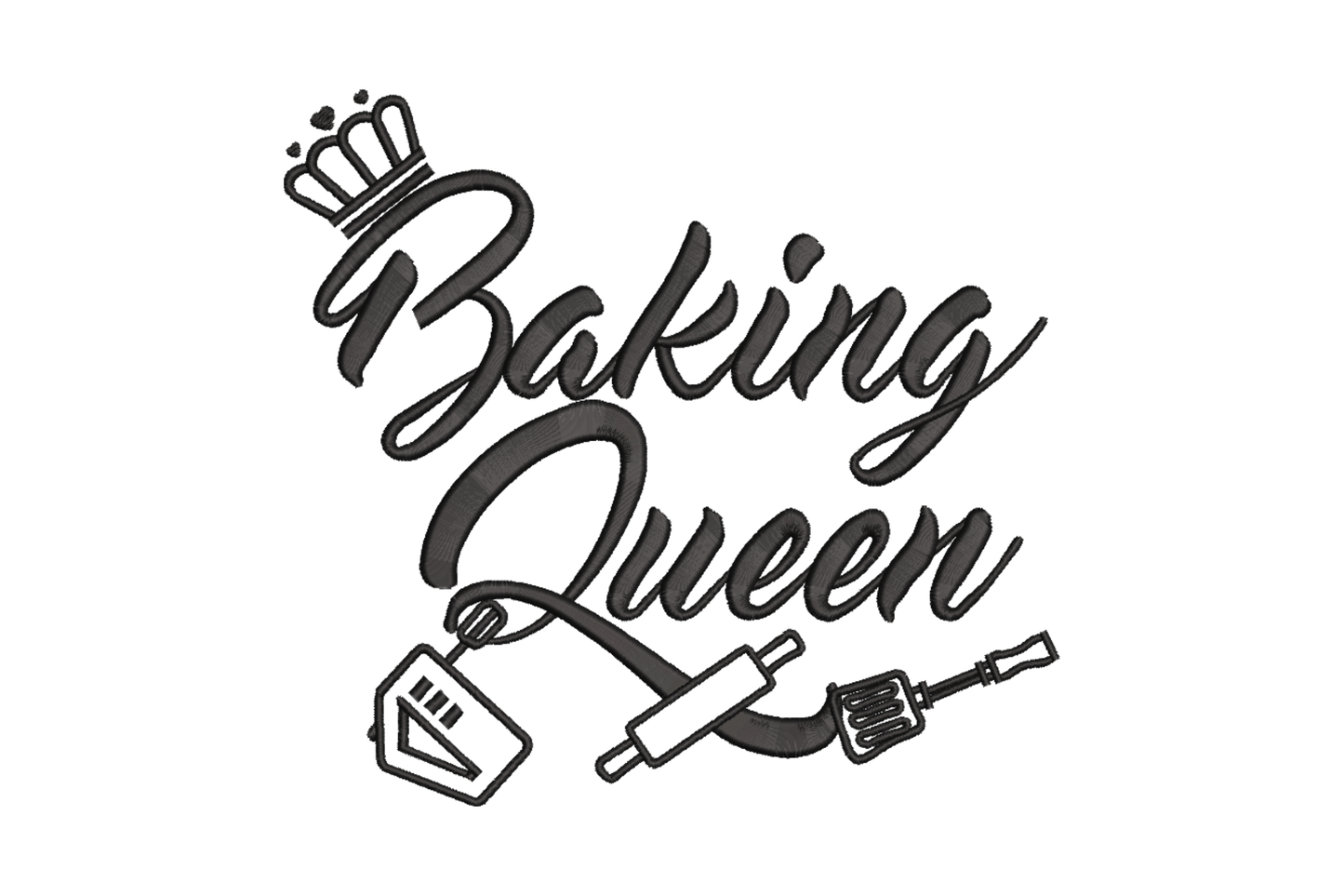 Baking Queen embroidery design, bold italic brush script with small crown above, rolling pin bench scraper and hand mixer below in outline style