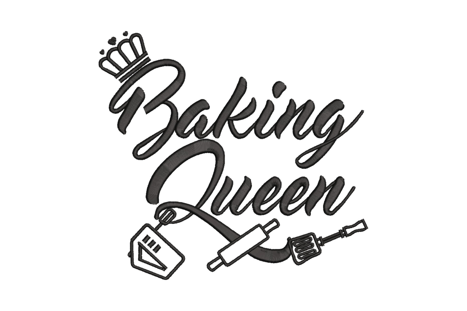 Baking Queen embroidery design, bold italic brush script with small crown above, rolling pin bench scraper and hand mixer below in outline style