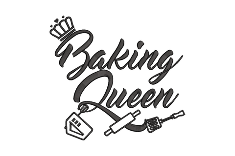 Baking Queen embroidery design, bold italic brush script with small crown above, rolling pin bench scraper and hand mixer below in outline style
