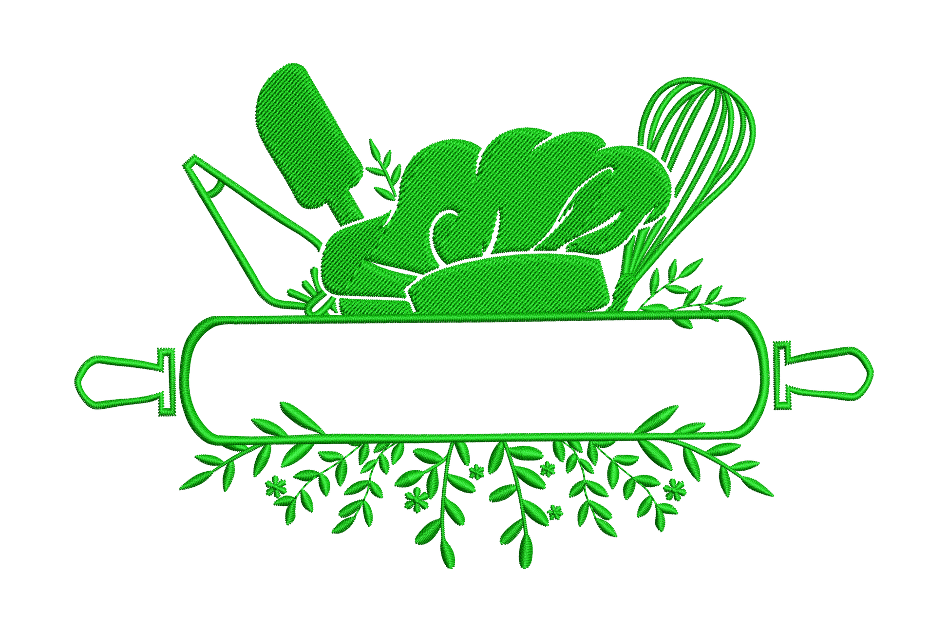 Dark green baking tools embroidery design with rolling pin, chef hat, whisk, spatula and floral garland, single colour