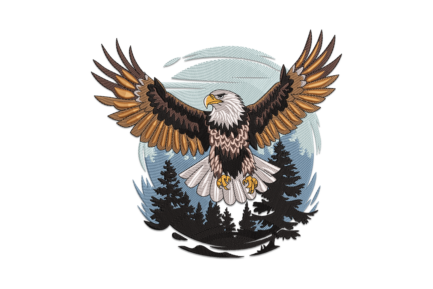 Bald eagle with wings spread wide over a pine forest circle, machine embroidery design in 10 thread colours.