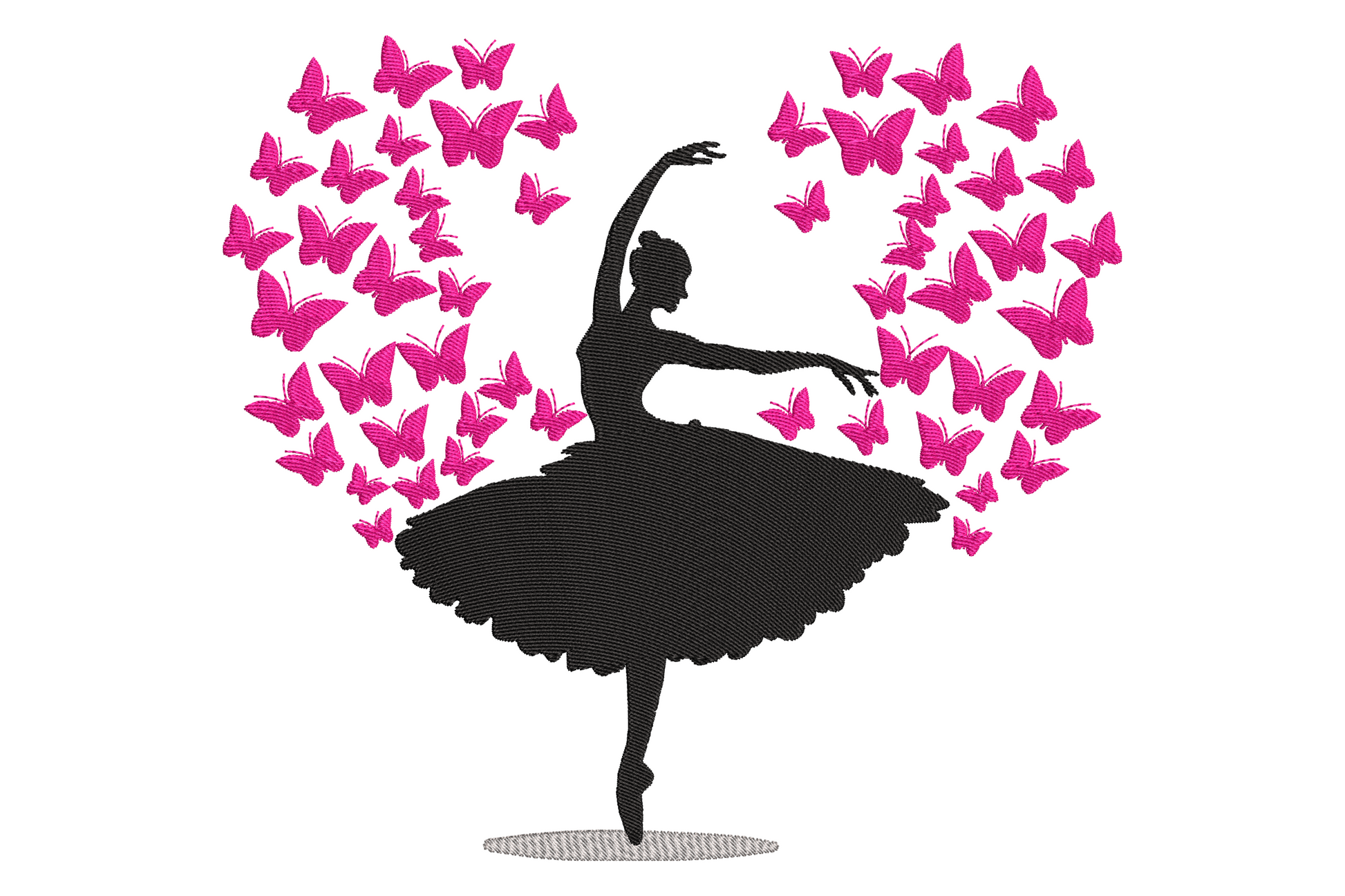 Ballerina butterfly embroidery design, black dancer silhouette with heart-shaped cloud of hot pink butterflies