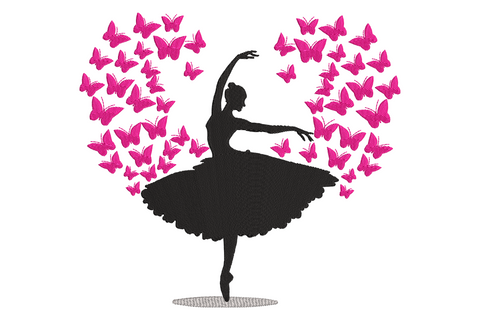 Ballerina butterfly embroidery design, black dancer silhouette with heart-shaped cloud of hot pink butterflies