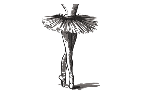 Ballerina embroidery design cropped from waist to pointe shoes, full tutu spread wide, engraving sketch style in charcoal grey and black on white.