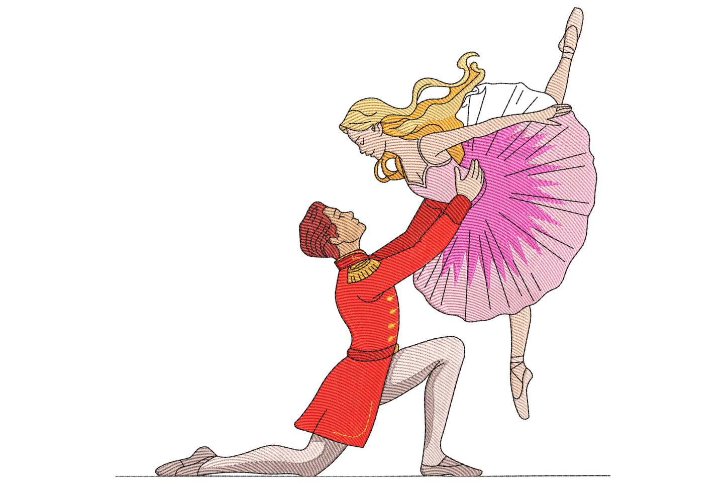 Ballet couple dance embroidery design showing male and female dancers in classical pose, 14-colour illustrative style on white background.
