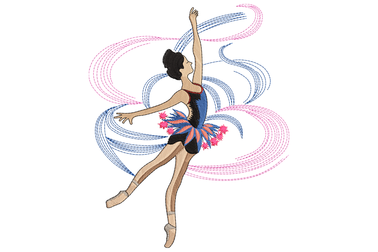 Ballet dancer embroidery design, ballerina en pointe in pink and navy tutu with pink and blue ribbon swirls behind her.