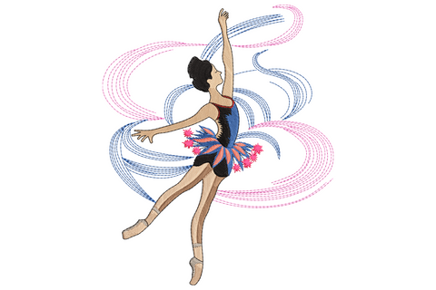 Ballet dancer embroidery design, ballerina en pointe in pink and navy tutu with pink and blue ribbon swirls behind her.