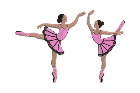 Two ballerina dancers mid-arabesque with hot pink tutus, warm brown skin tones and black outline panel detail.