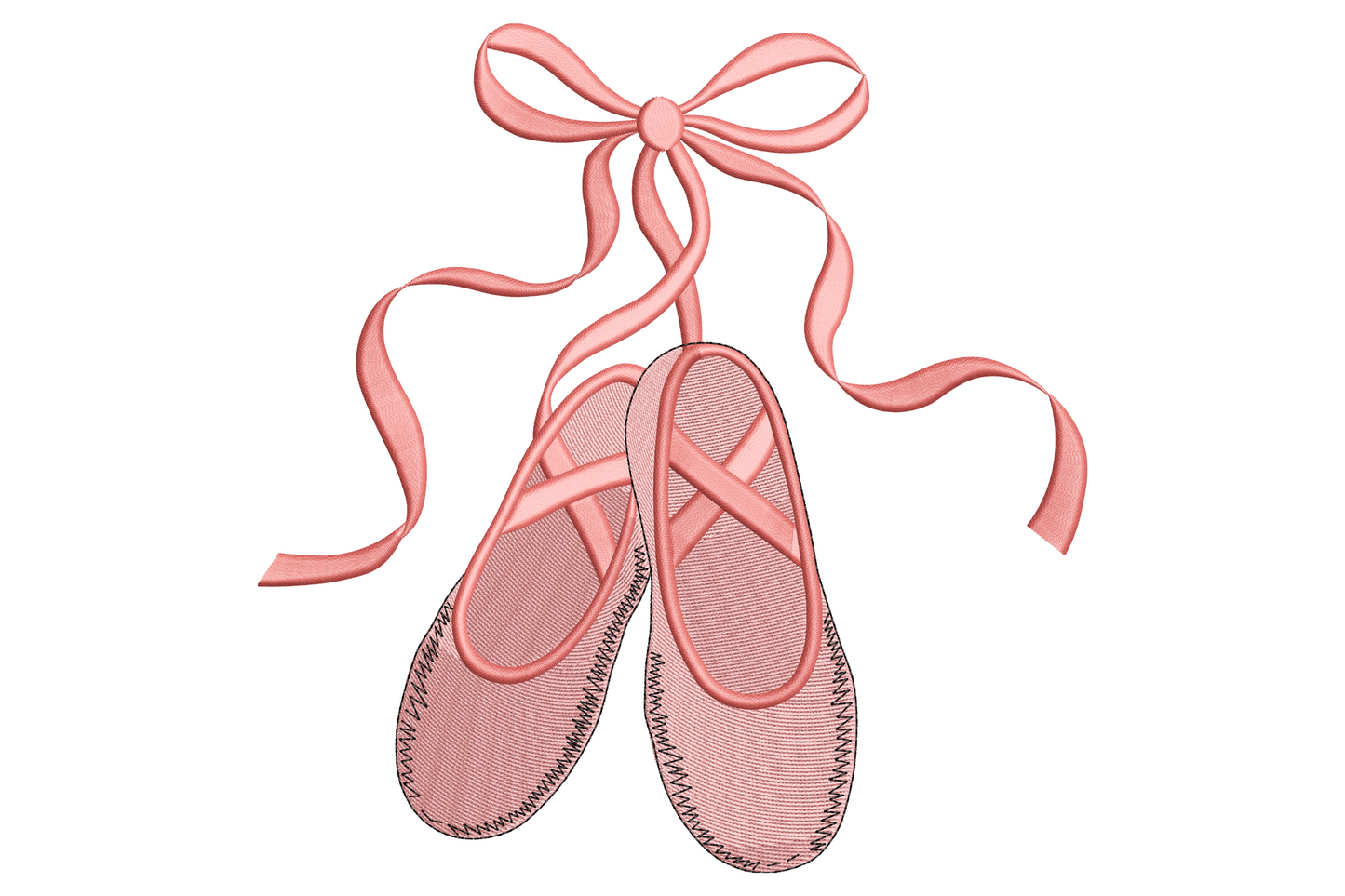 Pink ballet pointe shoes embroidery hanging by satin ribbons with a tied bow at top and trailing ribbon ends curling outward.