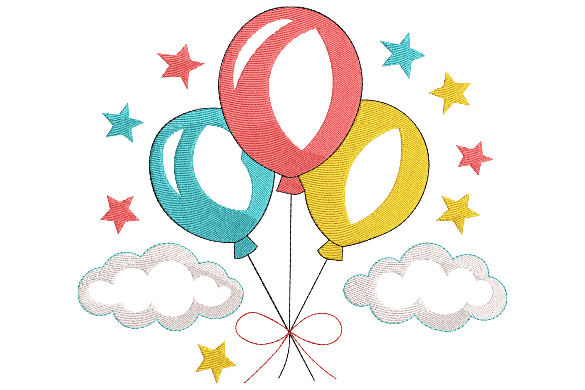 Birthday balloon celebration embroidery with coral, teal and yellow balloons, white highlights, scattered stars and cloud base.