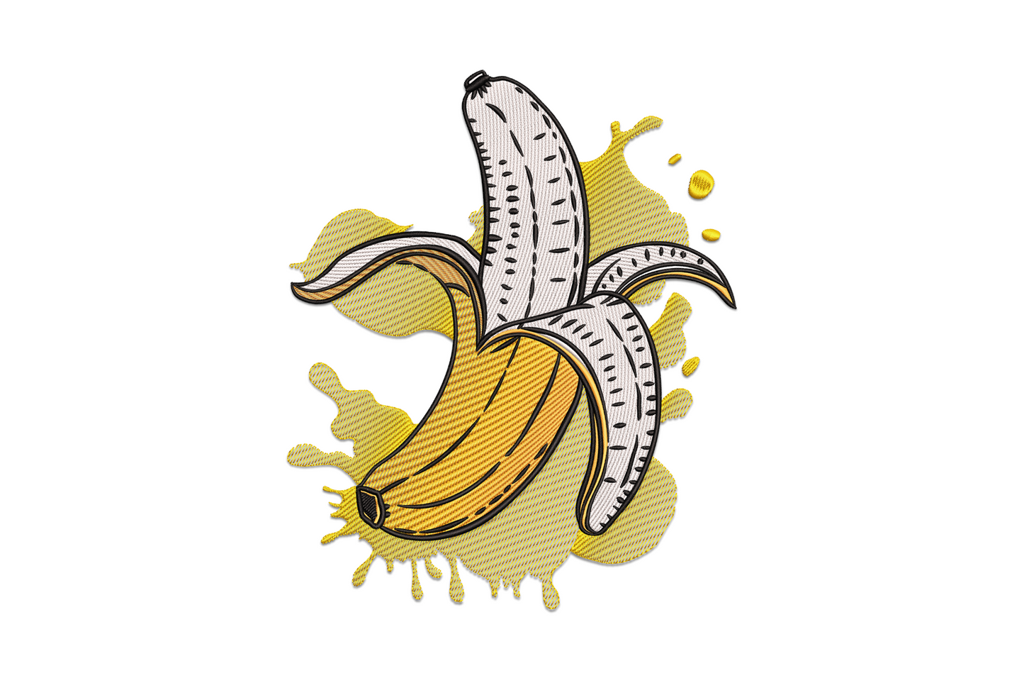 Cartoon banana embroidery design bursting through an orange paint splash in yellow, gold, brown and orange on white background