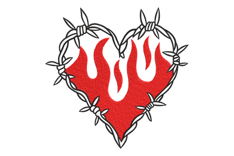Barbed wire flaming heart machine embroidery, tattoo-style red heart with barbed wire and flames in two colours