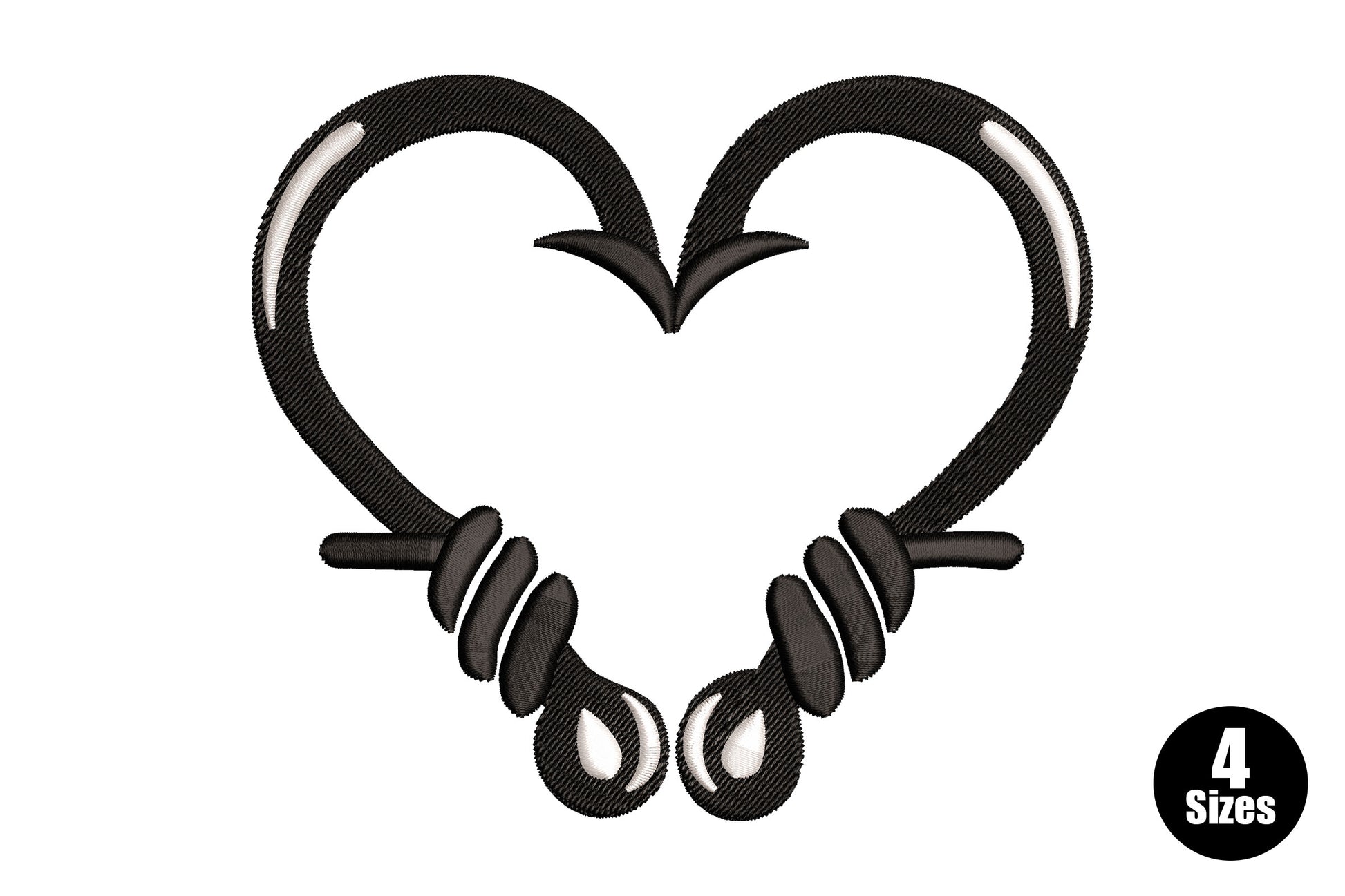 Barbed wire heart embroidery design with two fishing hooks forming a heart shape, wire coils at the crossing base, black and white outline.