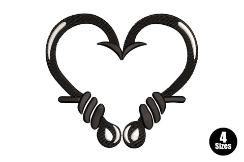 Barbed wire heart embroidery design with two fishing hooks forming a heart shape, wire coils at the crossing base, black and white outline.