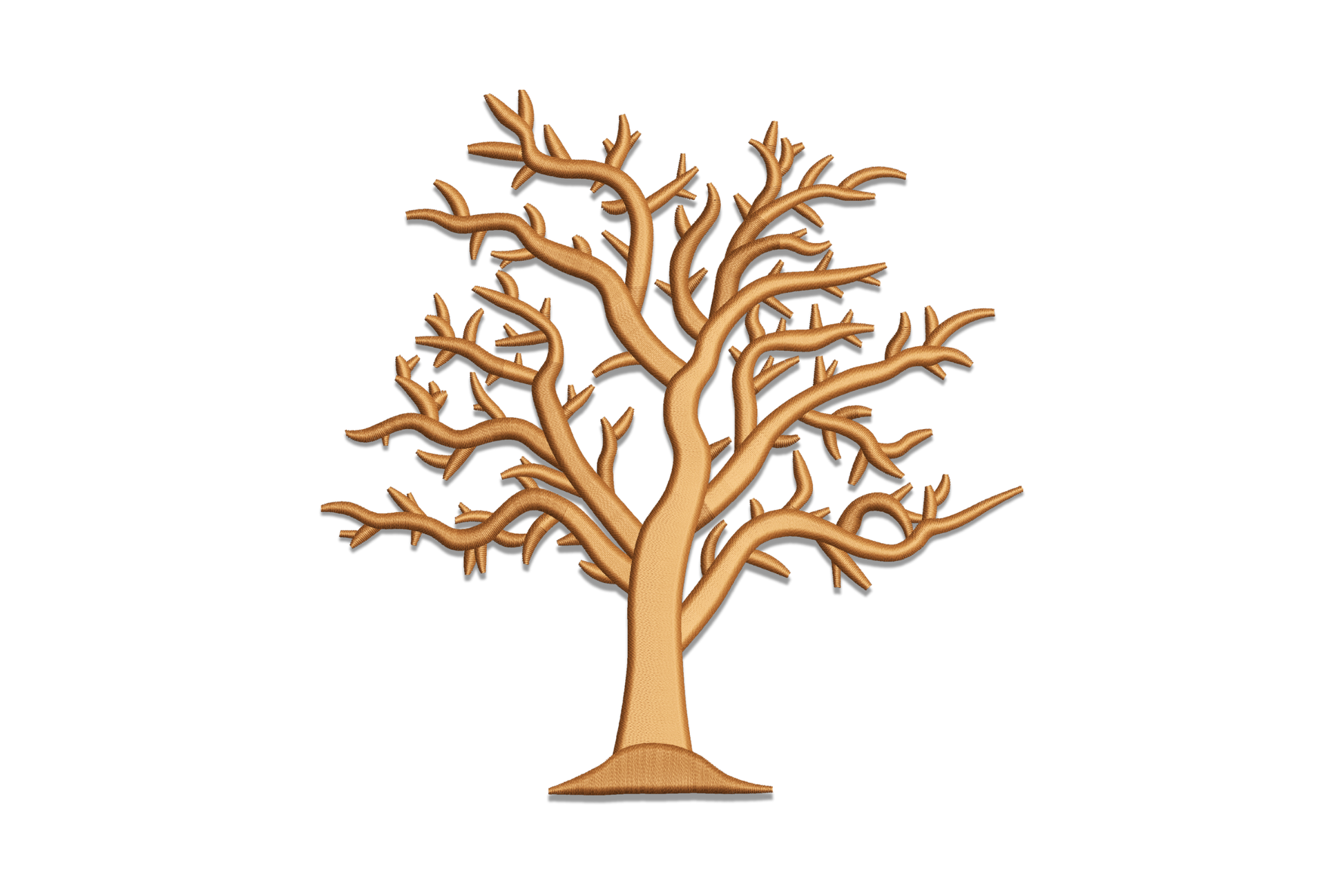 Leafless bare winter tree embroidery with thick trunk tapering to fine twig tips, single brown thread satin column stitching, naturalistic branch structure, 4 sizes minimal nature design