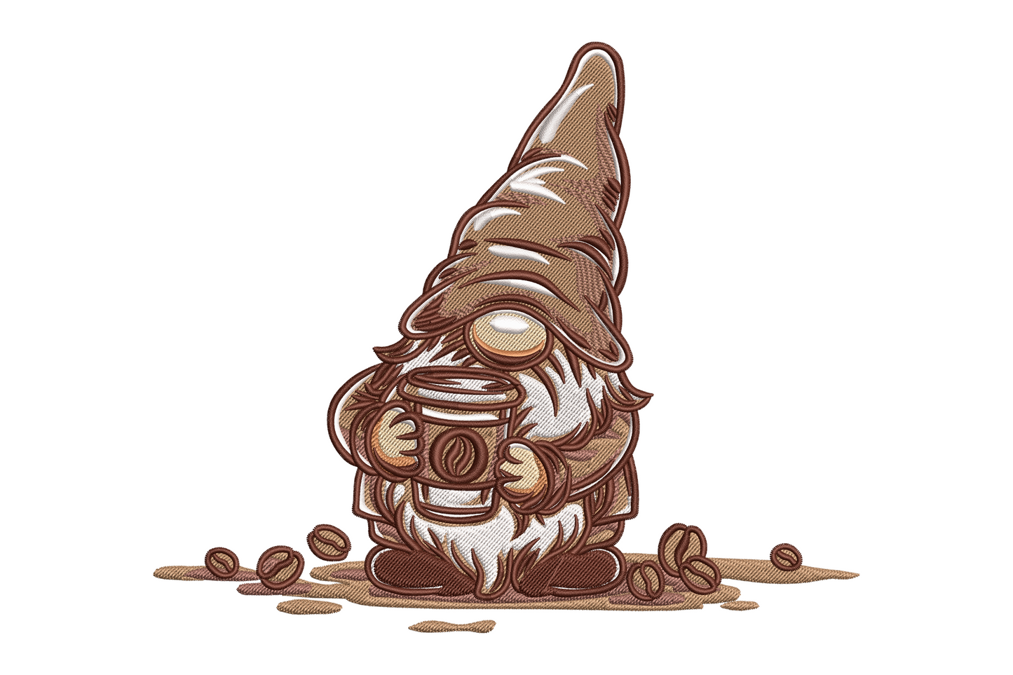 Barista gnome coffee cup machine embroidery design, whimsical gnome with tall hat and steaming mug on cream kitchen towel